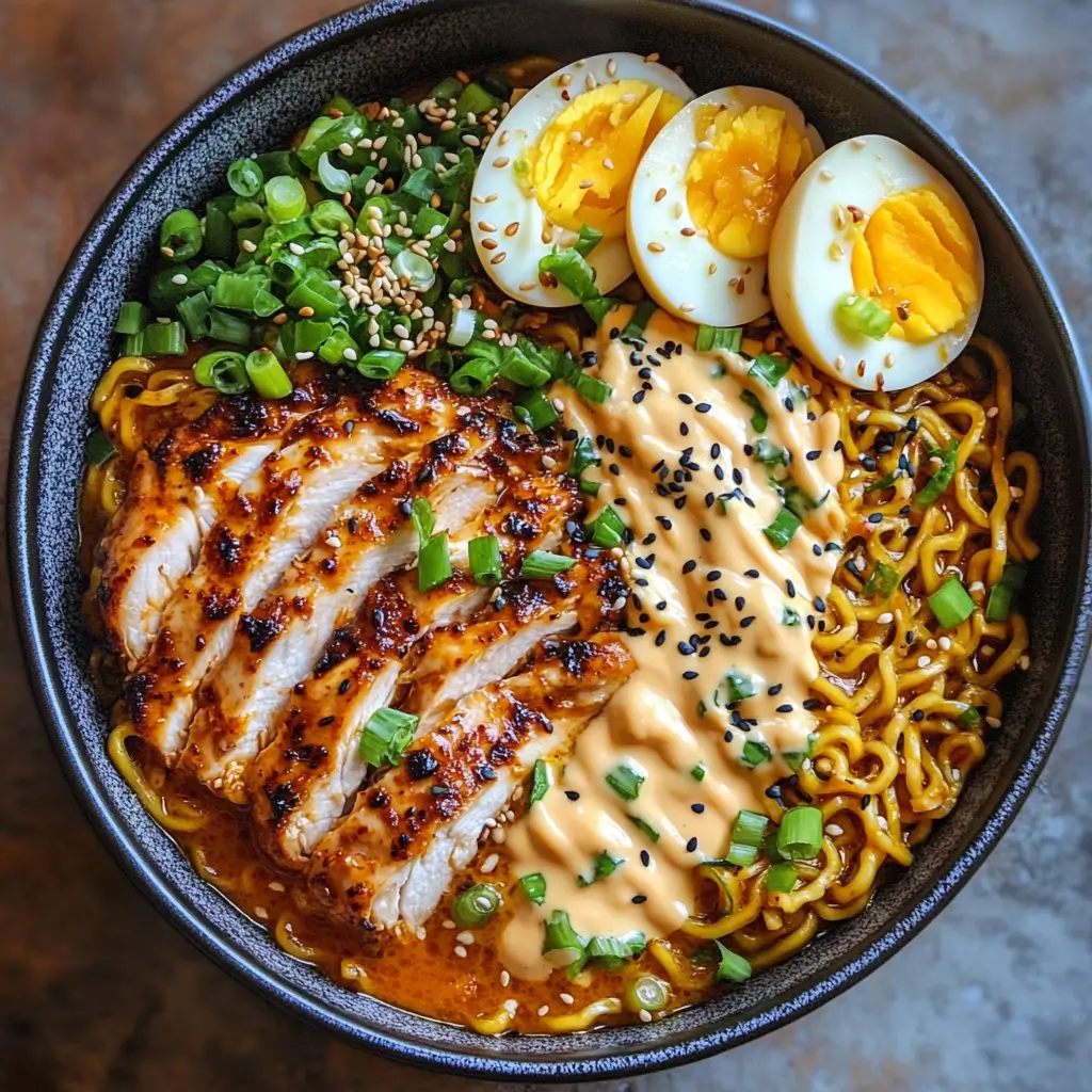 Fiery Chicken Ramen with Creamy Garlic Sauce!