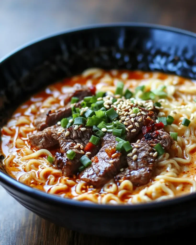 Spicy Korean Ramen with Grilled Beef and Creamy Sauce