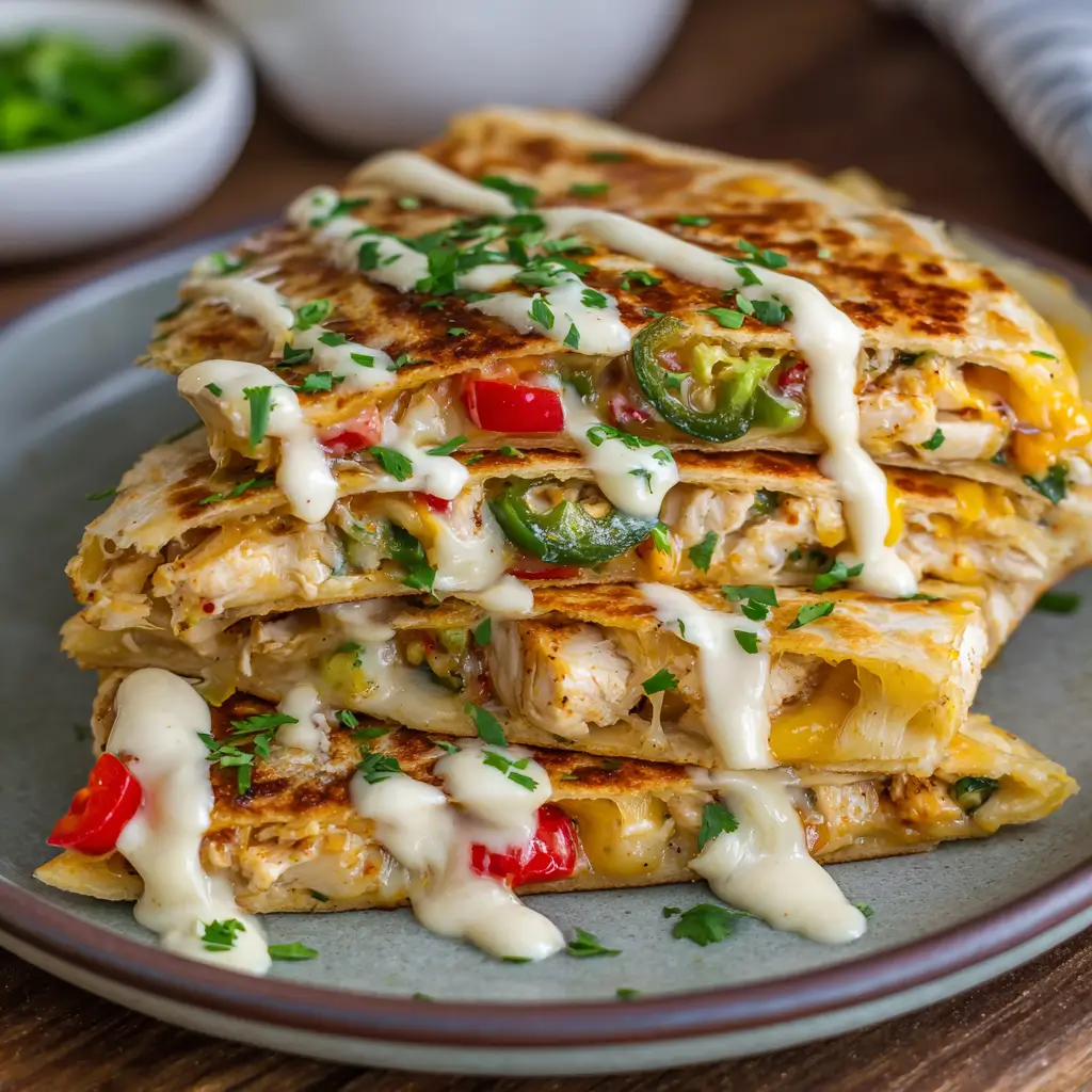 Cheesy Hot Honey Chicken Quesadillas with Spicy Jalapeño Cream Sauce