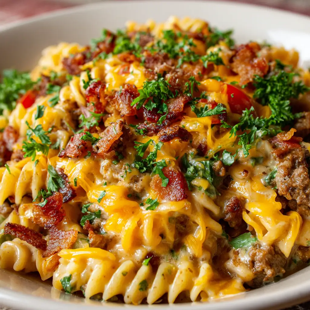 Loaded Bacon Cheeseburger Alfredo Pasta