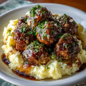 Salisbury Steak Meatballs with Garlic Herb Mashed Potatoes