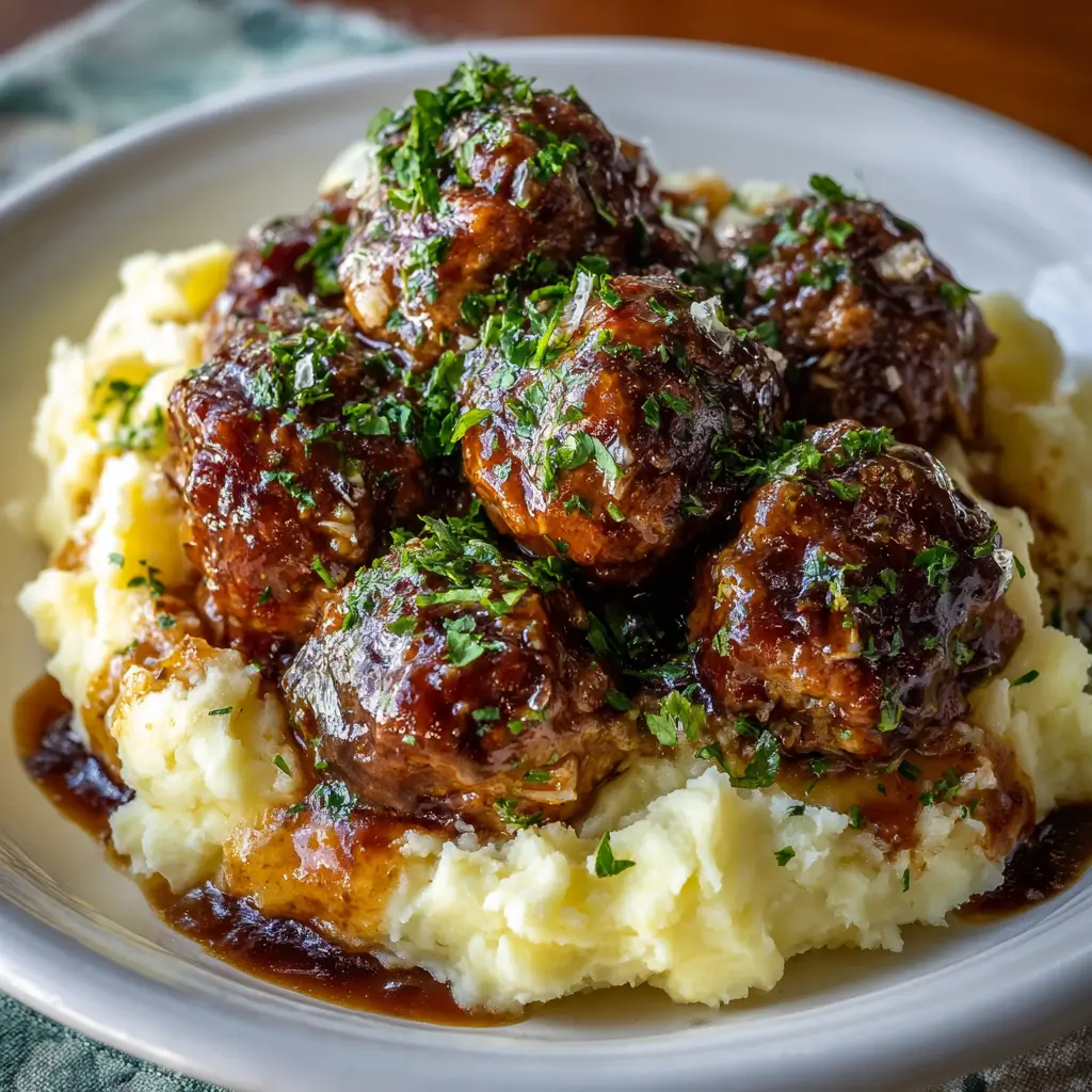 Salisbury Steak Meatballs with Garlic Herb Mashed Potatoes